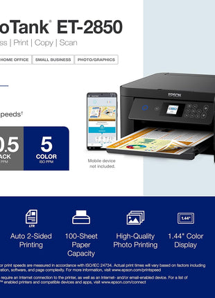 Epson EcoTank ET-2850 Wireless Color All-in-One Cartridge-Free Supertank Printer with Scan, Copy and Auto 2-Sided Printing - Black, Medium