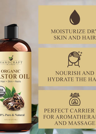 Handcraft Blends Organic Castor Oil 16 Fl Oz | 100% Pure and Natural | Premium Grade Carrier Oil | Hair, Eyelashes and Eyebrows | Hair and Body | Expeller-Pressed | Hexane-Free