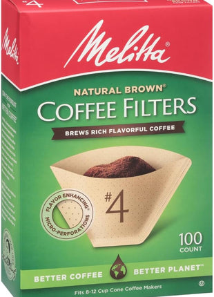 Melitta #4 Unbleached Coffee Filters, Premium, Natural Brown, Flavor Enhancing Coffee Filters for 8-12 Cup Coffee Makers, Kosher Certified, Compostable, 100 Count (Pack of 3)