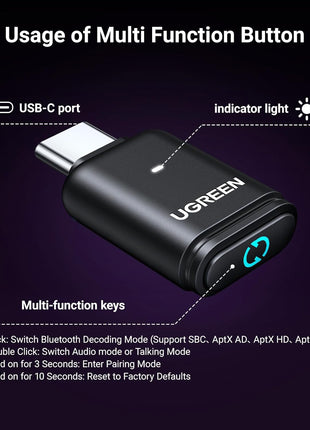 UGREEN USB-C Bluetooth Adapter for PS5 with APTX Low Latency/aptX-Adaptive | Bluetooth 5.3 Audio Adapter, Wireless Audio Transmitter to Connect Wireless Headphones/Earbuds