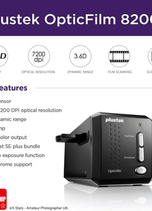 Plustek OpticFilm 8200i SE , 35mm Film & Slide Scanner. 7200 dpi / 48-bit Output. Integrated Infrared Dust/Scratch Removal. Bundle Silverfast SE Plus 9 , Support Mac and PC.