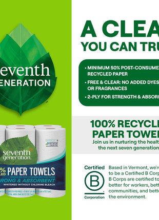 Seventh Generation Paper Towels 2-Ply 4 Pack 100% Recycled Paper 6 Rolls