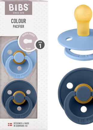 BIBS Pacifiers Colour Collection | Natural Rubber Baby Pacifier | Set of 2 BPA-Free Soothers | Made in Denmark | 0+ Months (Pack of 2) | Dusty Blue/Steel Blue