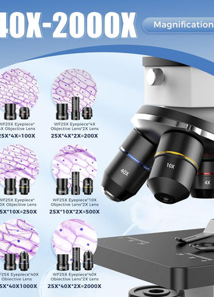 PalliPartners Compound Microscope for Adults & Students, White | 100X-2000X High-Power, Biological Microscope, School Lab & Home Education, with Slides Set & Phone Adapter