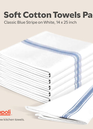 Zeppoli Classic Dish Towels - 15 Pack - 14" by 25" - 100% Cotton Kitchen Towels - Reusable Bulk Cleaning Cloths - Blue Hand Towels - Super Absorbent - Machine Washable