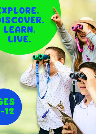 Kids Binoculars 8x21 Shockproof Green - Ages 3-12 with Case Neck Strap Compass Carabiner | High Resolution Optics for Bird Watching Camping Hiking | Birthday Gift Boys Girls