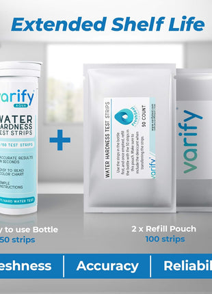 Varify Water Hardness Test Kit - Water Testing Kit for Home, Drinking, Well, Spa, Swimming Pool, Softener, Dishwasher & More - Hard Water Test Strips for Calcium, Magnesium etc (0-425 pmm, 150 Strips)