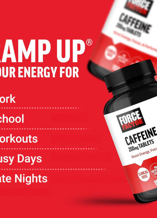 Force Factor Caffeine Pills 200mg, Boost Energy, Focus & Strength | Premium Quality Caffeine Tablets, Performance & Energy Support Supplement, 100 Tablets