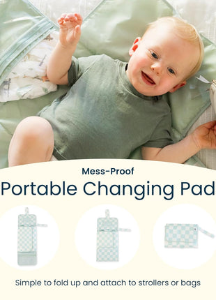 Tiny Twinkle Portable Diaper Changing Pad | Waterproof, Wipeable & Compact Baby Changing Pad for Travel | Smart Wipes Pocket & Organized Storage| Newborn Shower Gift (Sage Checkers)