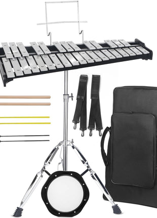 Professional 32 Note Glockenspiel xylophone Bell Kit for beginner :Muted Practice Pad Percussion Kit for Adult, with Three Types of Drumsticks, Adjustable Stand&Carrying Bag