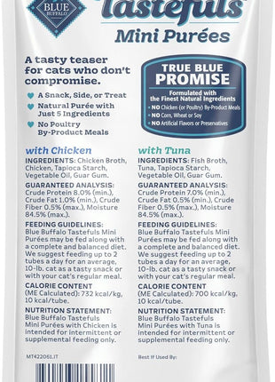 Blue Buffalo Tastefuls Mini Purées, Adult Cat Natural Single-Serving Snack, 4-Count Variety Pack Chicken and Tuna, 0.5 oz. (Pack of 4)