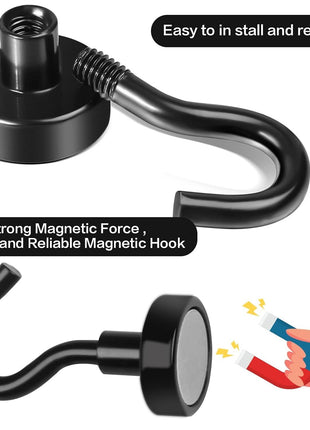 E BAVITE Black Magnetic Hooks, 30LB Strong Neodymium Magnet Hook for Cruise, Grill, Towel, Indoor Hanging, Kitchen, Workplace, Office and Garage - 6 Pack
