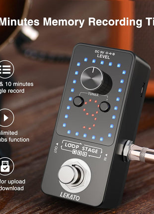 LEKATO Guitar Looper Pedal Effect Pedal with Tuner Function Looper Pedal Loops 9 Loops 40 minutes Record Time with USB Cable and 9V 0.6A Pedal Power Supply Adapter