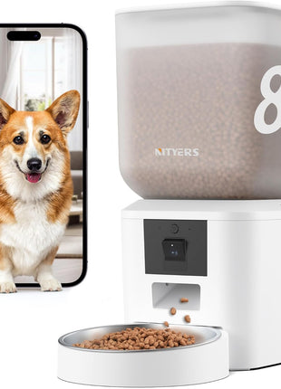 Automatic Dog & Cat Feeder with Camera & WiFi – 8L/34 Cups, 1080P Night Vision, 2.4 & 5G WiFi, 2-Way Talk, 10s Voice Recording, Timed Food Dispenser, Up to 99 Portions, 15 Meals Per Day