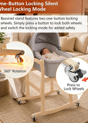 Bassinet Stand, Movable and Rocking Wooden Bassinet Stand Compatible with Uppababy Cribs