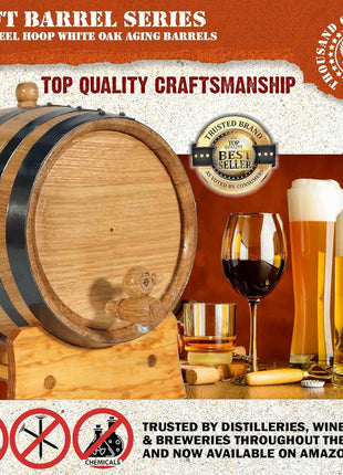 2 Liter Oak Aging Barrel with Wood Stand, Bung & Spigot   Mini Whiskey Barrels for The Home Alcohol Distiller, Moonshiner & Winemaker   Age Cocktails, Bourbon, Whisky, Tequila, Rum, Mead Wine (2L)