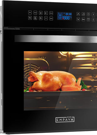 Empava 24" 2.3 cu ft Electric Convection Touch Wall Oven, Black Glass Door | 10 Cooking Functions, Convection Cooking, 360° Rotisserie, Screen Touch Control, Black Ceramic Interior, ETL Certified