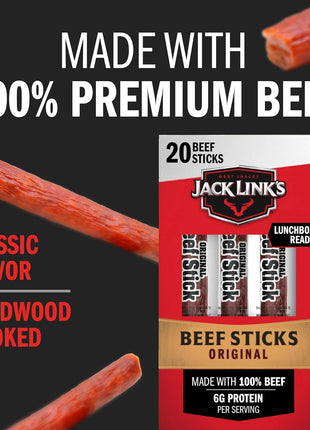 Jack Link's Beef Sticks, Original - Protein Snack, Meat Stick with 6g of Protein, Meat Snack Sticks Made with 100% Beef, Keto Friendly, Individually Wrapped - 0.92 Oz. (20 Count)