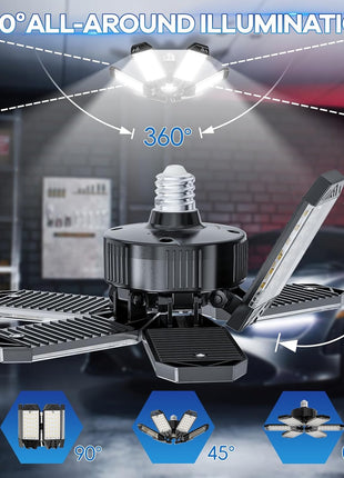 XINGHUANLIT Garage Light 2 Pack - 200W 20000LM Garage Lights Ceiling LED 6500K with 6 Deformable Panels, Screw in E26/E27 Bulb Socket LED Shop Lights for Workshop Barn Basement Gym Bay Lighting
