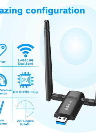Nineplus Wireless USB WiFi Adapter for PC - 1300Mbps Dual 5Dbi Antennas 5G/2.4G WiFi Adapter for Desktop PC Laptop Windows11/10/7, Wireless Adapters for Desktop Computer Network Adapters