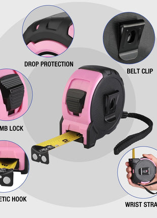 WORKPRO 25FT Pink Tape Measure, 1/8 Fractions Easy Read Measuring Tape, Retractable Nylon Coating Measurement Tape Accuracy 1/32, Magnetic Hook, Belt Clip, Rubber Protective Casing - Pink Ribbon