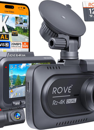 ROVE R2-4K DUAL Dash Cam Front and Rear, STARVIS 2 Sensor, FREE 128GB Card Included, 5G WiFi - up to 20MB/s Fastest Download Speed with App, 4K 2160P/FHD Dash Camera for Cars, 3" IPS, 24H Parking Mode