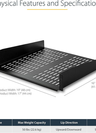 StarTech.com 2U Server Rack Shelf - Universal Vented Rack Mount Cantilever Tray for 19 inch Network Equipment Rack & Cabinet - Heavy Duty Steel - Weight Capacity 50lb/23kg - 16 inch Deep Shelf, TAA
