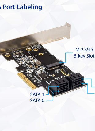 IO Crest SI-PEX40138 Internal 4 Port Non-Raid SATA III 6GB/S with M.2 B-Key 22x42 Pci-E X4 Controller Card for Desktop PC Support SSD and HDD with Low Profile Bracket. JMB585 Chipset