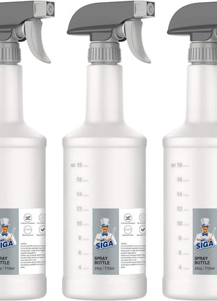 MR.SIGA 24 oz Empty Plastic Spray Bottles for Cleaning Solutions, Heavy Duty Household Reusable Spray Bottles with Measurements and Adjustable Leak Proof Nozzle, 3 Pack
