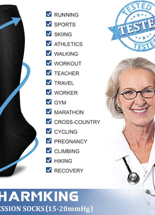 CHARMKING Compression Socks for Women & Men (8 Pairs) 15 20 mmHg Graduated Copper Support Socks are Best for Pregnant, Nurses   Boost Performance, Circulation, Knee High & Wide Calf (L/xL, Black)
