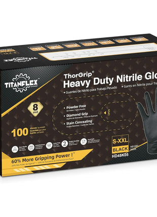 TitanFlex Heavy Duty Black Industrial Nitrile Gloves, 8-mil, Large, Box of 100, Latex Free, Raised Diamond Texture, Powder Free, Food Safe, Rubber Gloves, Mechanic Gloves