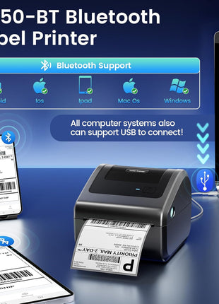 Bluetooth Shipping Label Printer with Built-in Label Bin | D450BT 4x6 Thermal Label Printer for Shipping Packages, Thermal Printers Compatible with Android, iPhone, Windows, macOS, UPS