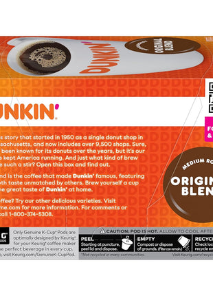 Dunkin' Original Blend Medium Roast Coffee, Keurig K-Cup Pods, 60 Count | 6 boxes of 10 single serve coffee pods each, Rich & smooth flavor, Made with arabica coffee, Shelf stable, SNAP EBT eligible