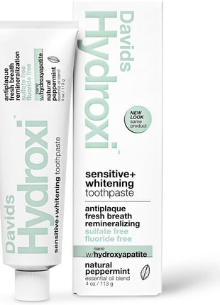 Davids Nano Hydroxyapatite Toothpaste Sensitive + Whitening Peppermint 4oz | Fluoride Free | Remineralizing | Enamel Health | Antiplaque | SLS Free | Made in USA | Recyclable Metal Tube | EWG Verified
