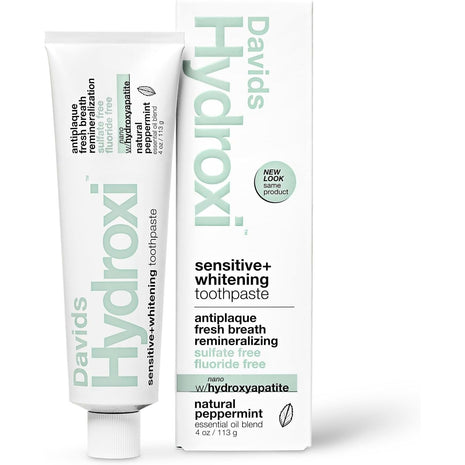 Davids Nano Hydroxyapatite Toothpaste Sensitive + Whitening Peppermint 4oz | Fluoride Free | Remineralizing | Enamel Health | Antiplaque | SLS Free | Made in USA | Recyclable Metal Tube | EWG Verified