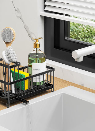 Cisily Sponge Holder for Kitchen Sink, Sink Caddy Organizer with High Brush Holder, Kitchen Countertop Organizers and Storage Essentials, Rustproof 304 Stainless Steel (Black, 9.25′′)