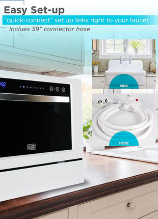 BLACK+DECKER Countertop Dishwasher, Energy Star Certified, BCD6W, White | Counter Dish Washer with 7 Wash Programs, 6-Place Setting Capacity, 24-Hour Delayed Start
