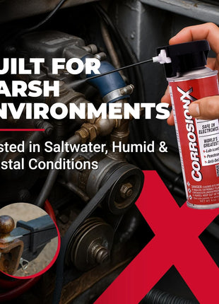 CorrosionX Rust Inhibitor, Industrial-Strength Dielectric Corrosion Prevention, Lubricant & Penetrant for Marine, Automotive, Electronics & RV Use, Protects Bolts, Cables, Engines, Parts, 6oz Aerosol