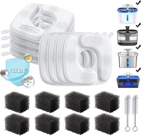 Veken Cat Water Fountain Filters, 8 Pack Replacement Filters & 8 Pack Replacement Pre-Filter Sponges Set for 50oz, 84oz, 95oz or 108oz Automatic Pet Fountain Dog Water Dispenser