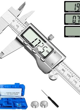 Digital Caliper Measuring Tool, Stainless Steel Vernier Caliper Digital Micrometer with Large LCD Screen, Easy Switch from Inch Metric Fraction, 6 Inch Caliper Tool for DIY/Household