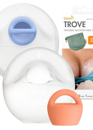 Boon Trove Silicone Manual Breast Pump - Discreet Milk Collector - 2 Count | Hands Free Breast Pump, Includes Canvas Travel Pouch, Breastfeeding Essentials, Passive Suction, Collects Up To 3 Ounces