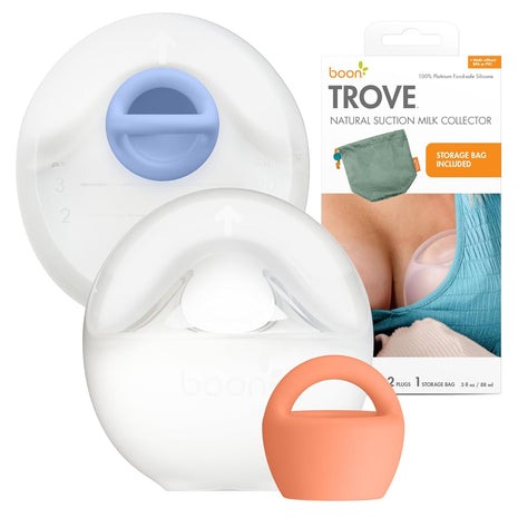 Boon Trove Silicone Manual Breast Pump - Discreet Milk Collector - 2 Count | Hands Free Breast Pump, Includes Canvas Travel Pouch, Breastfeeding Essentials, Passive Suction, Collects Up To 3 Ounces
