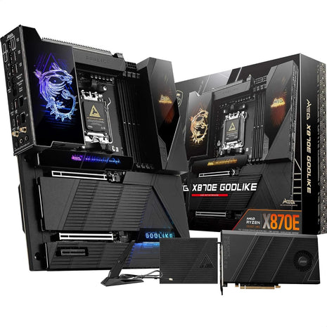 MSI MEG X870E GODLIKE, E-ATX - Supports AMD Ryzen 9000/8000/7000 Processors, AM5 - Dynamic Dashboard III, EZ Slide M.2, 110A SPS, DDR5 Memory (9200+ MT/s OC), M.2 & PCIe 5.0, USB4, Wi-Fi 7, 10G LAN