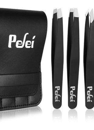 Pefei Tweezers Set - Professional Stainless Steel Tweezers for Eyebrows - Great Precision for Facial Hair, Splinter and Ingrown Hair Removal (Black)
