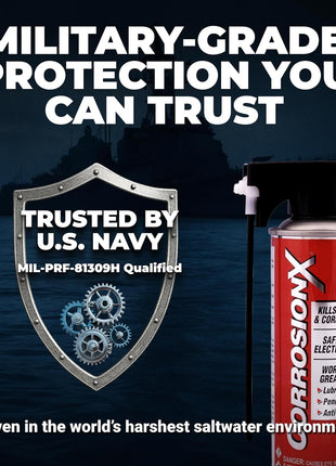 CorrosionX Rust Inhibitor, Industrial-Strength Dielectric Corrosion Prevention, Lubricant & Penetrant for Marine, Automotive, Electronics & RV Use, Protects Bolts, Cables, Engines, Parts, 6oz Aerosol