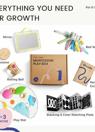 Tiny Land Montessori Baby Toy Set 0-3 Months 5 in 1 Sensory Kit | Mirror, black and white cards, rolling bell, play mat, bed wrap, tummy time, visual and auditory play, newborn gift