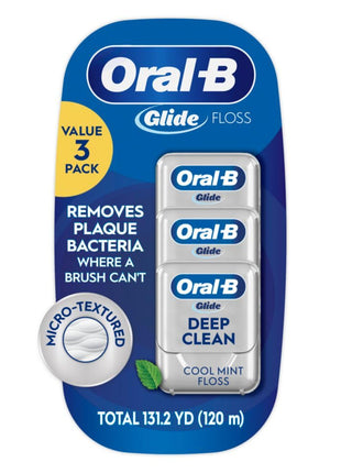 Oral-B Glide Dental Floss, Shred Resistant, Gentle on Gums, Natural Wax, Slides Smoothly, Deep Clean Cool Mint Flavor, 40 M, 3 Count