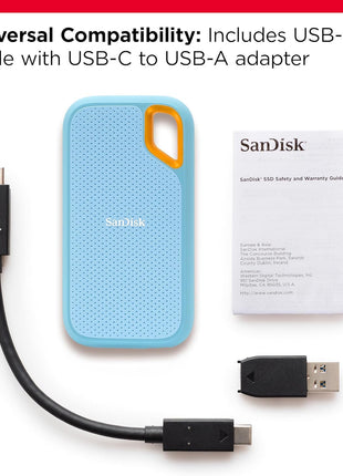 SANDISK 2TB Extreme Portable SSD - Up to 1050MB/s, USB-C, USB 3.2 Gen 2, IP65 Water and dust Resistance, Updated Firmware, Sky Blue - External Solid State Drive - SDSSDE61-2T00-G25B