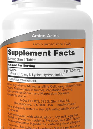 NOW Foods Supplements, (L Lysine Hydrochloride) 1,000 mg, Double Strength, Amino Acid, 100 Tablets