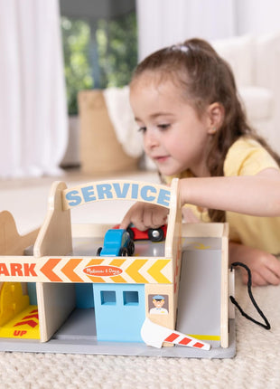Melissa & Doug Service Station Parking Garage with 2 Wooden Cars and Drive-Thru Car Wash